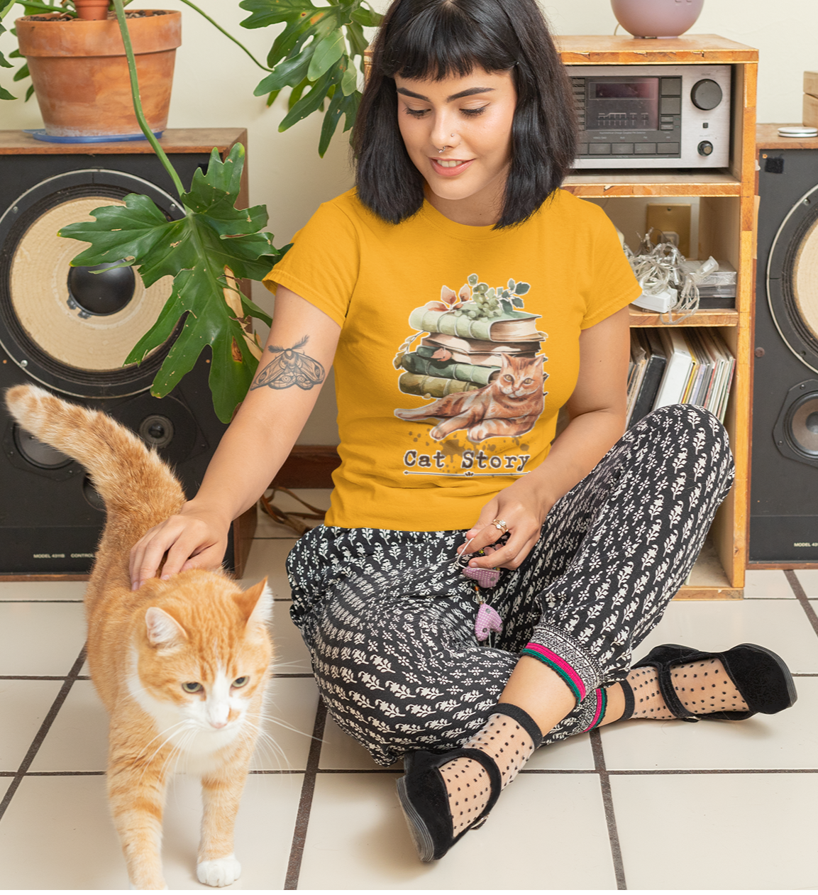 Cats and Books Graphics T Shirt for Young Adult Girls Golden Yellow