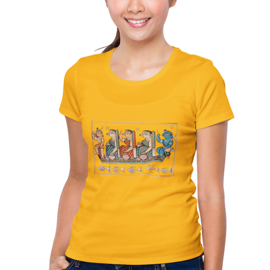 Golden Yellow T-shirt for women with Folk Art of Bengal graphics