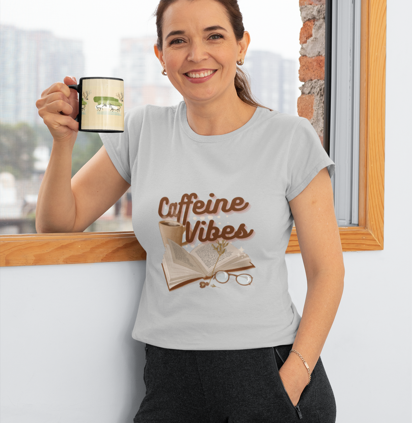 Light Grey Tshirt for Women with Coffee & Book graphic design