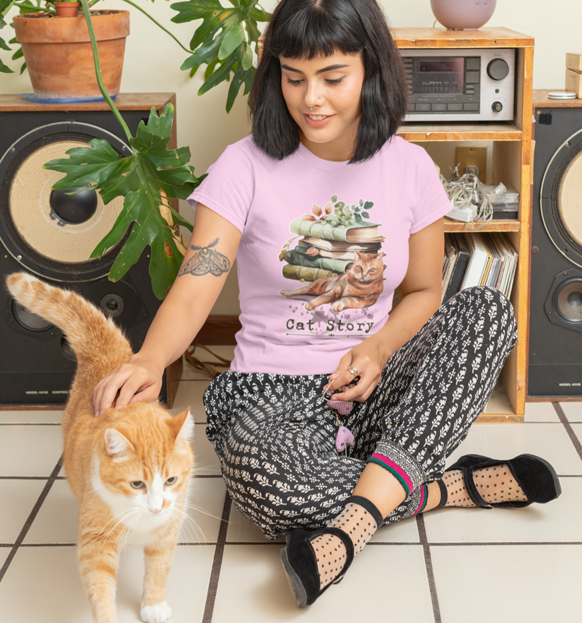 Cats and Books Graphics T Shirt for Young Adult Girls Light Pink