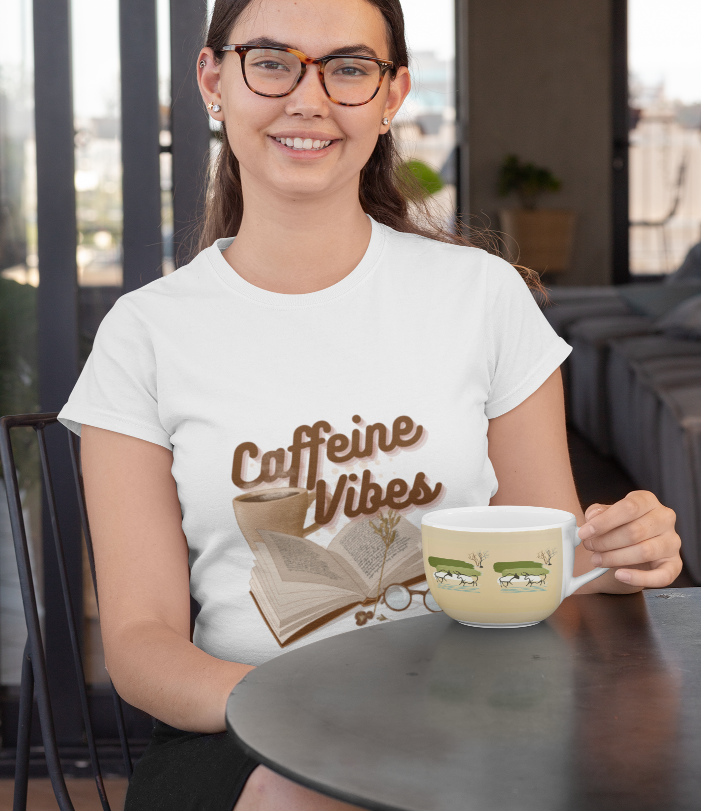 White Tshirt for Women with Coffee & Book graphic design