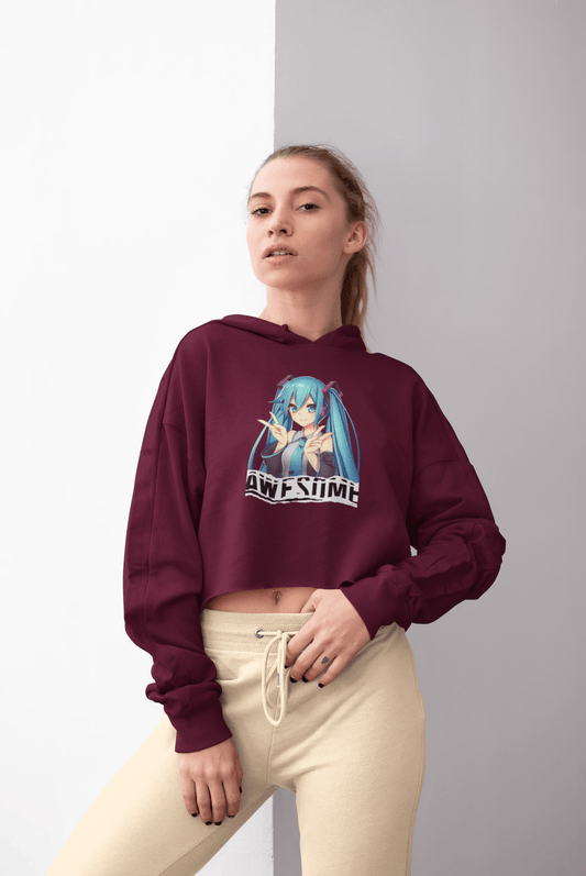 Anime Girl Maroon Crop Hoodie for Women