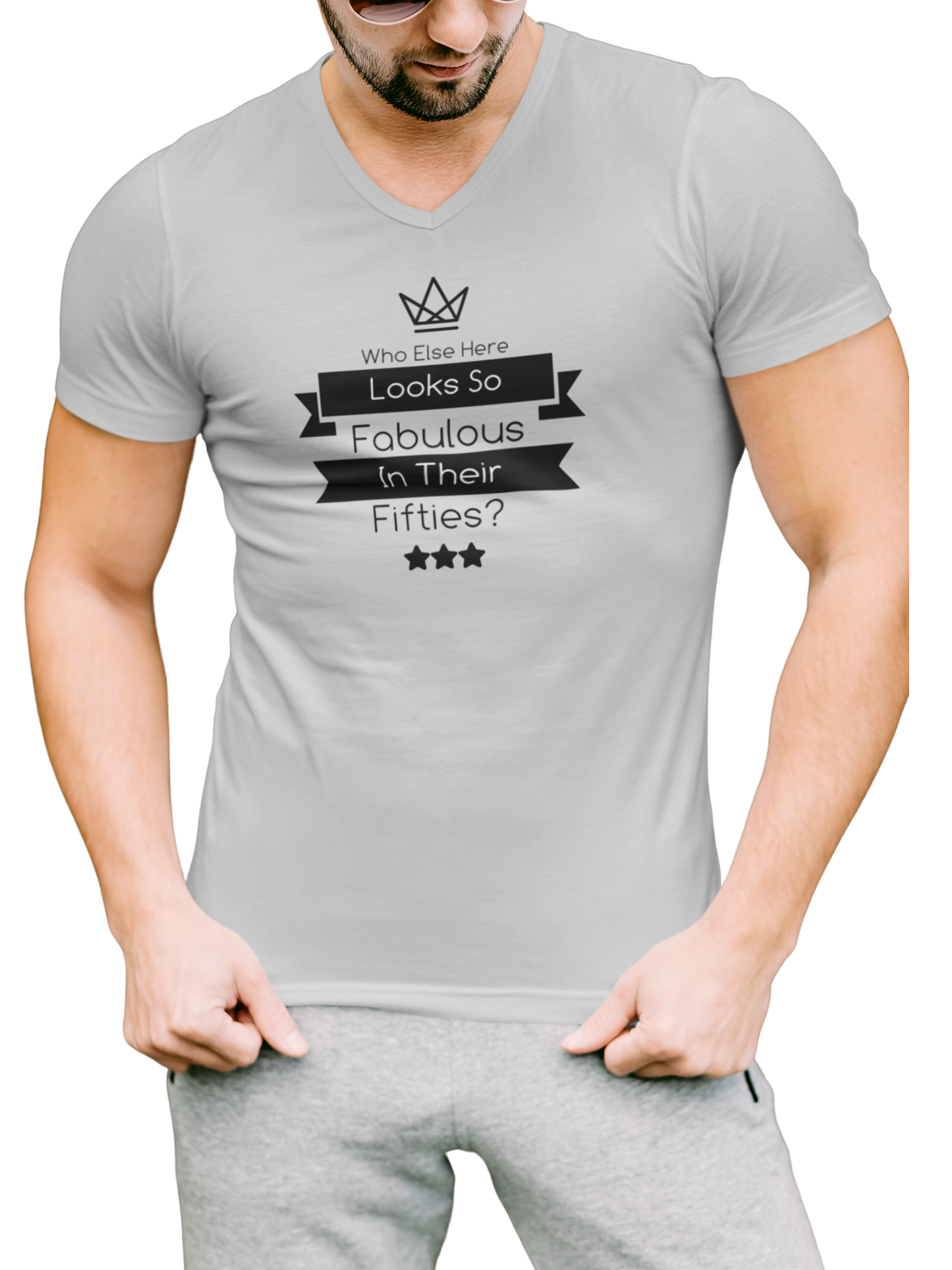 Fab At Fifty White V Neck T-shirt for Men