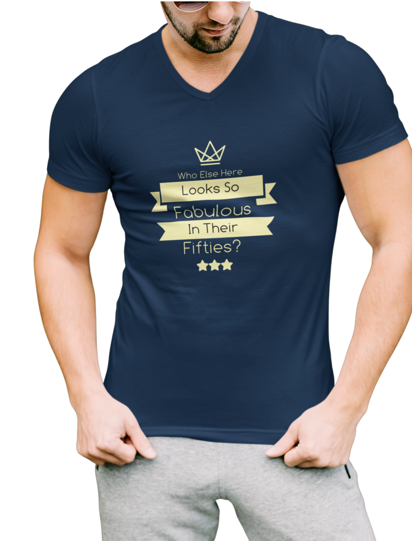 Fab At Fifty Navy Blue V Neck T-shirt for Men