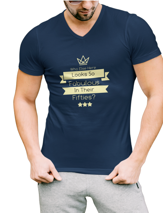 Fab At Fifty  Navy Blue  V Neck T-shirt for Men