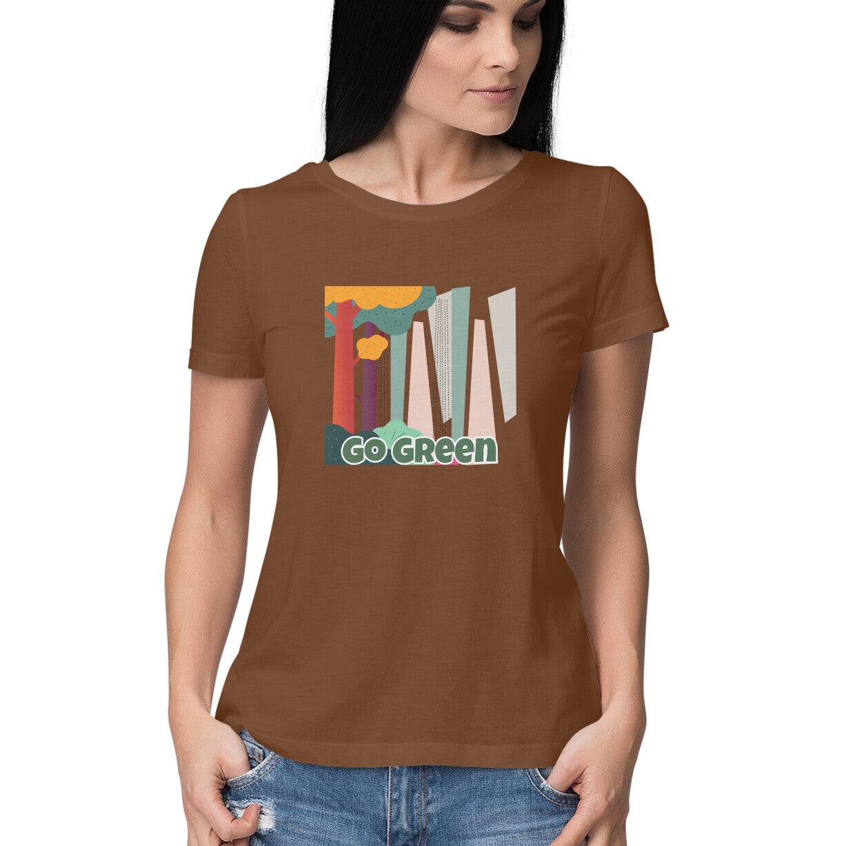 Women's cotton tshirt coffee brown with green living quote
