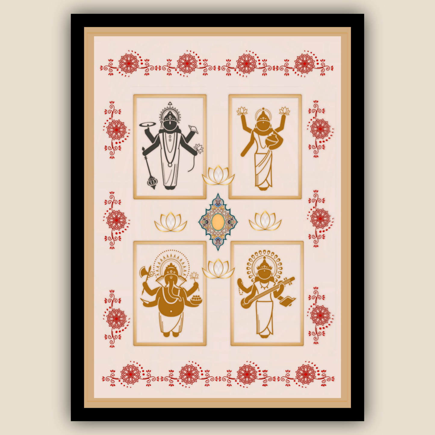 Lakshmi Narayana Ganesh Saraswati Art Framed Poster F01