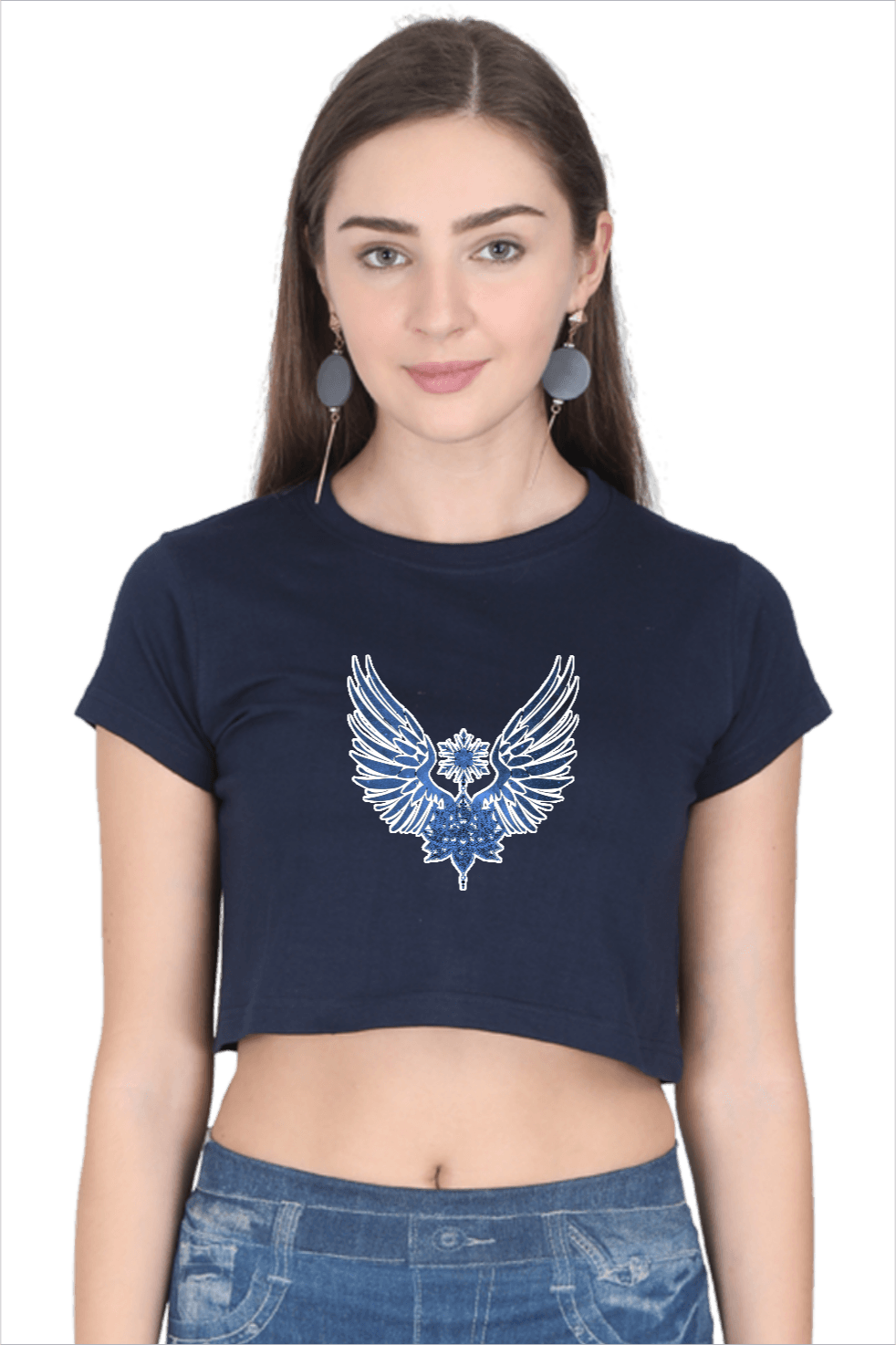 Maic Wings Printed Crop T-shirt for girls Navy Blue