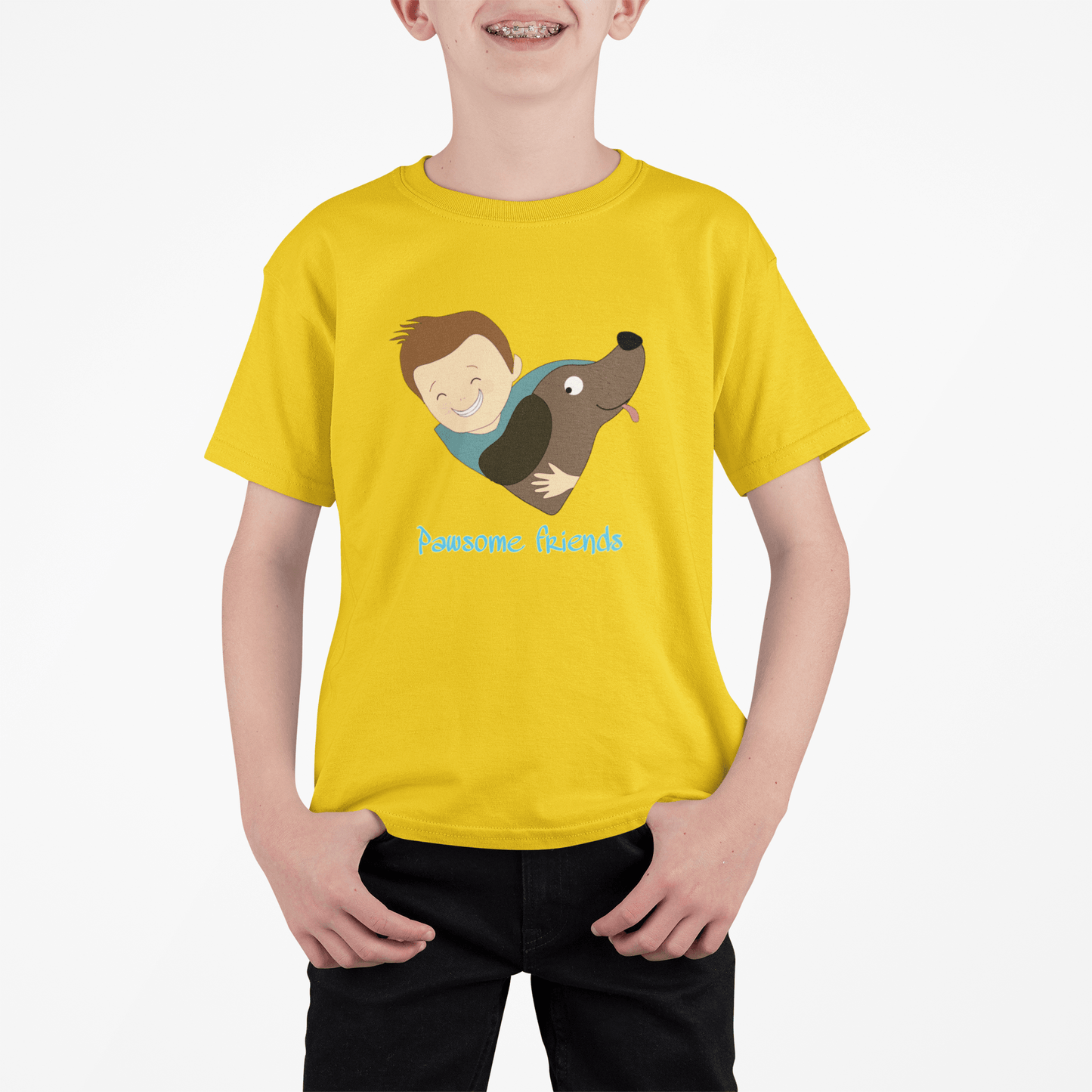 Yellow tshirt for boys printed with boy and his pet dog graphics