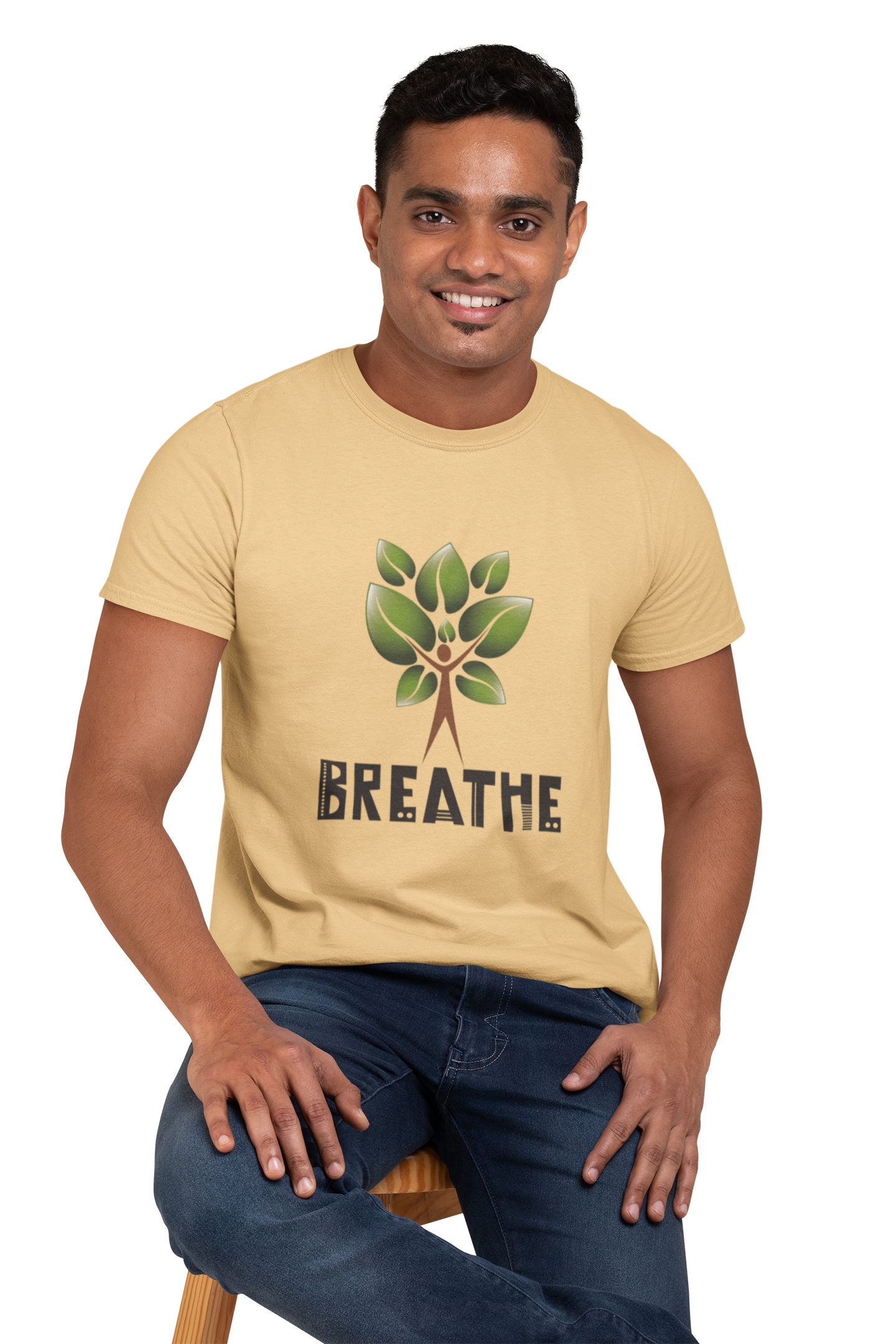 Tree of Life Yoga T Shirt for Men Round Neck Beige