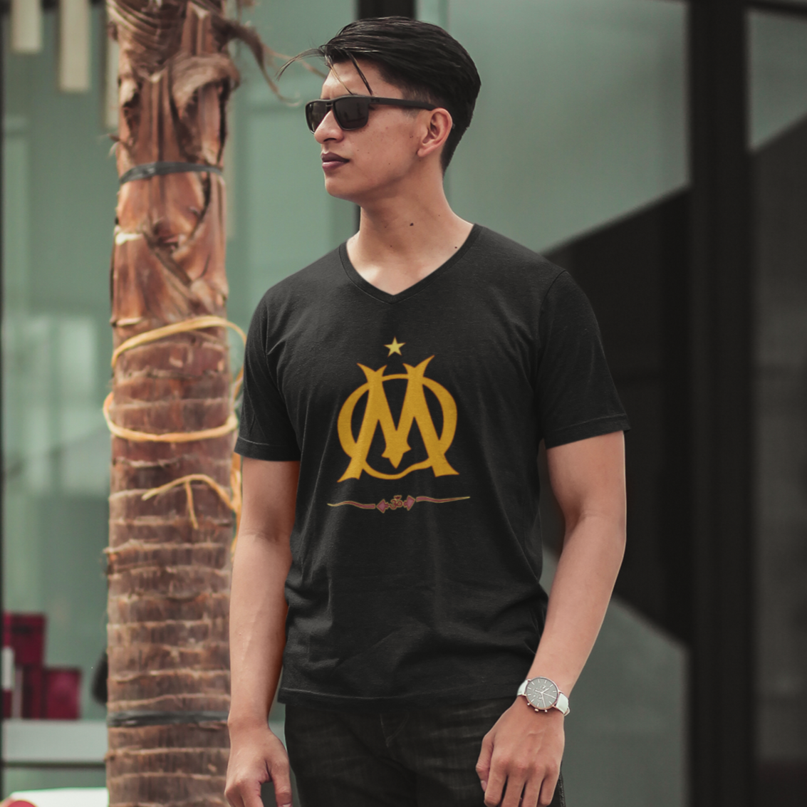 V Neck Cotton Black T-shirt with stylized Om Graphic Print