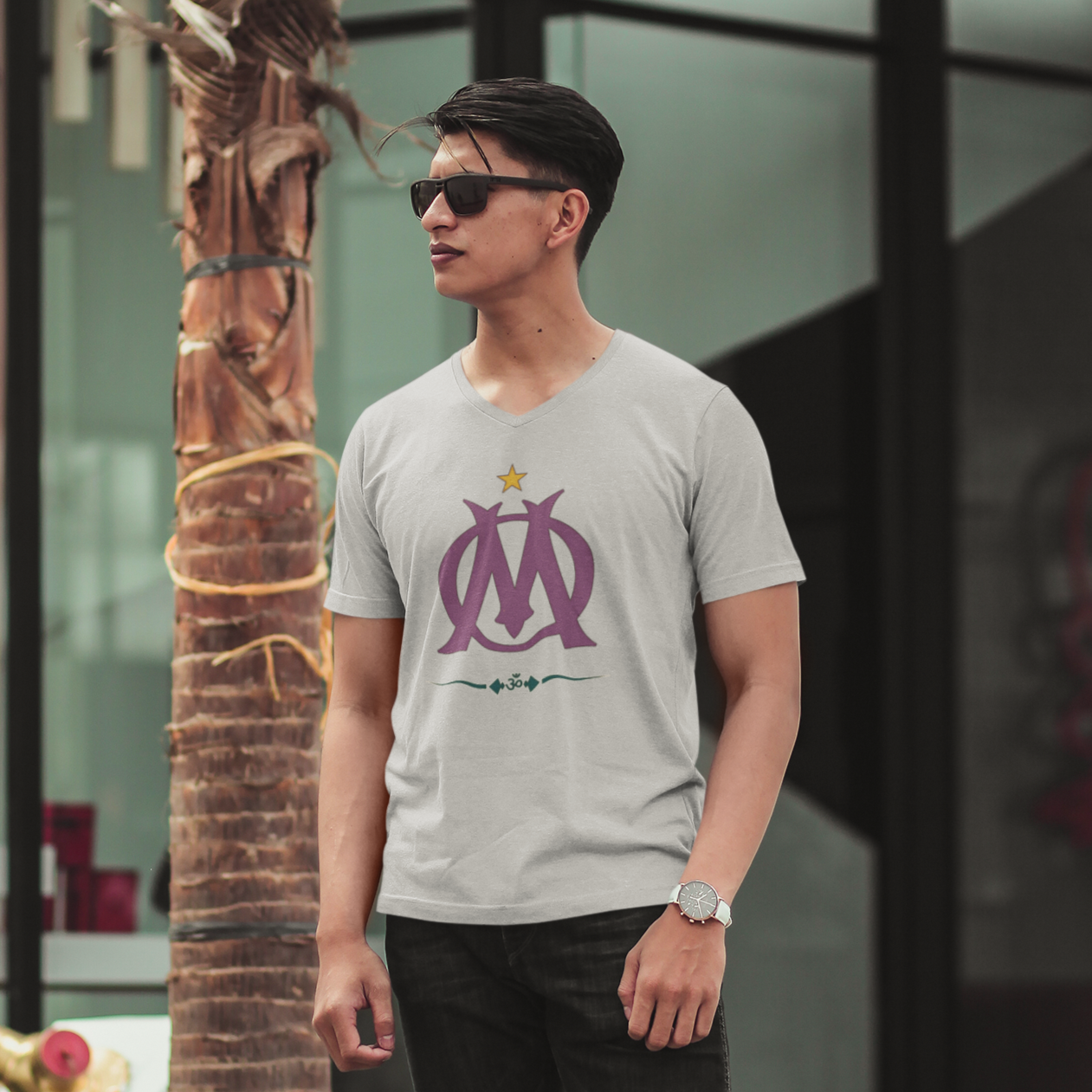 V Nect T-shirt for Men with sylized Om print Light Grey