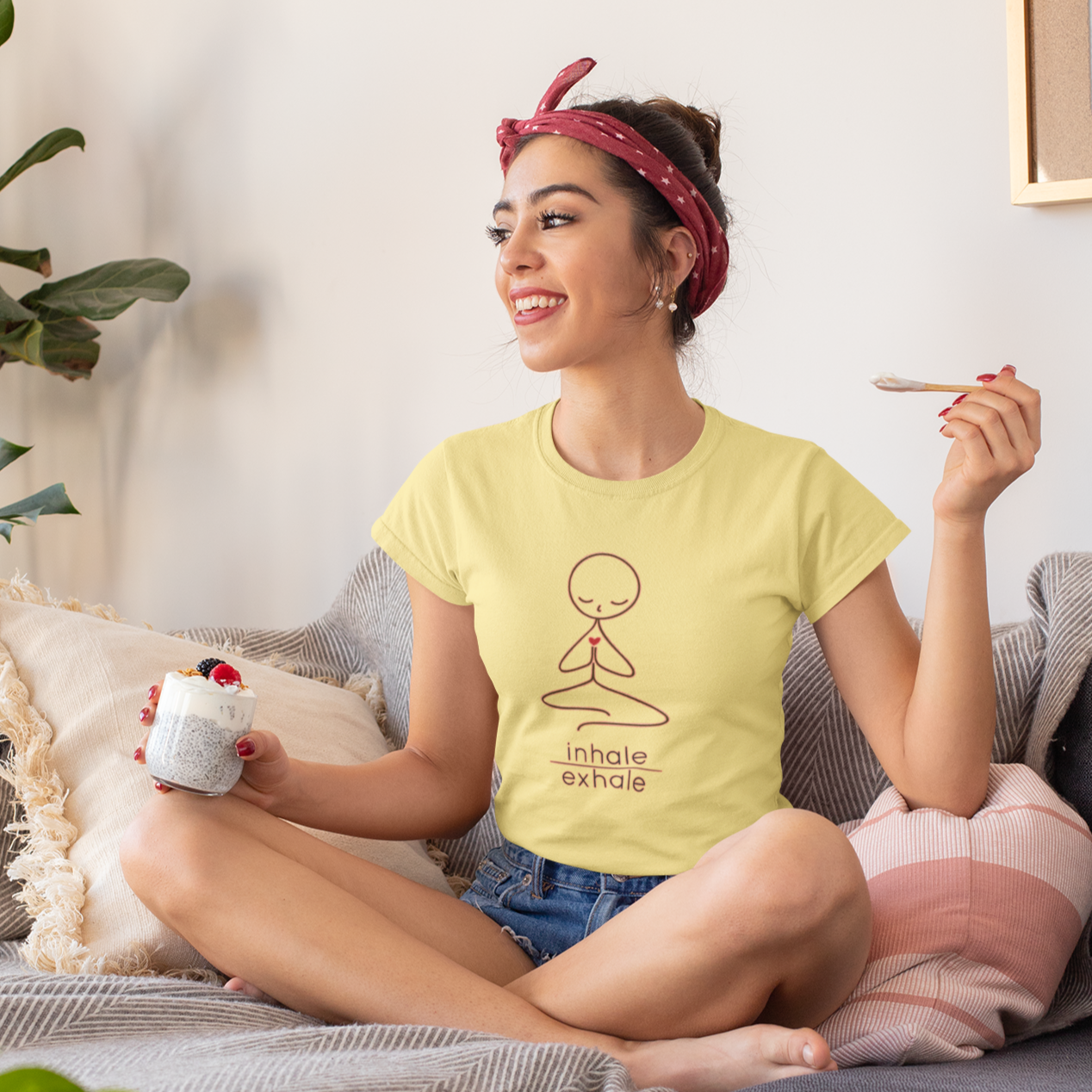 Yoga Doodle printed T-shirt for Women Beige