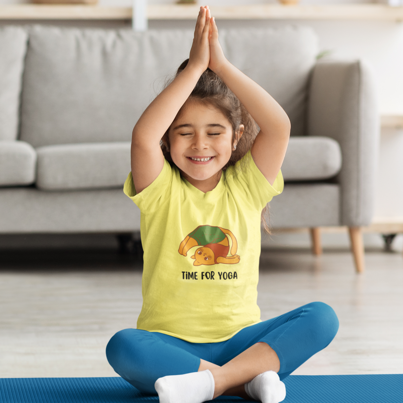 Cat inspired Yoga T-shirt for Kids Beige