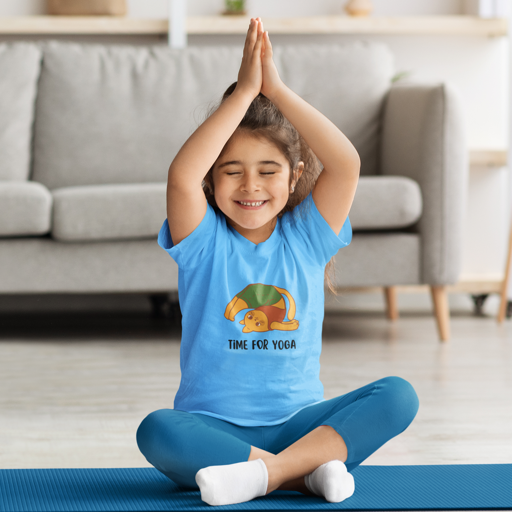 Cat inspired Yoga T-shirt for Kids Sky Blue