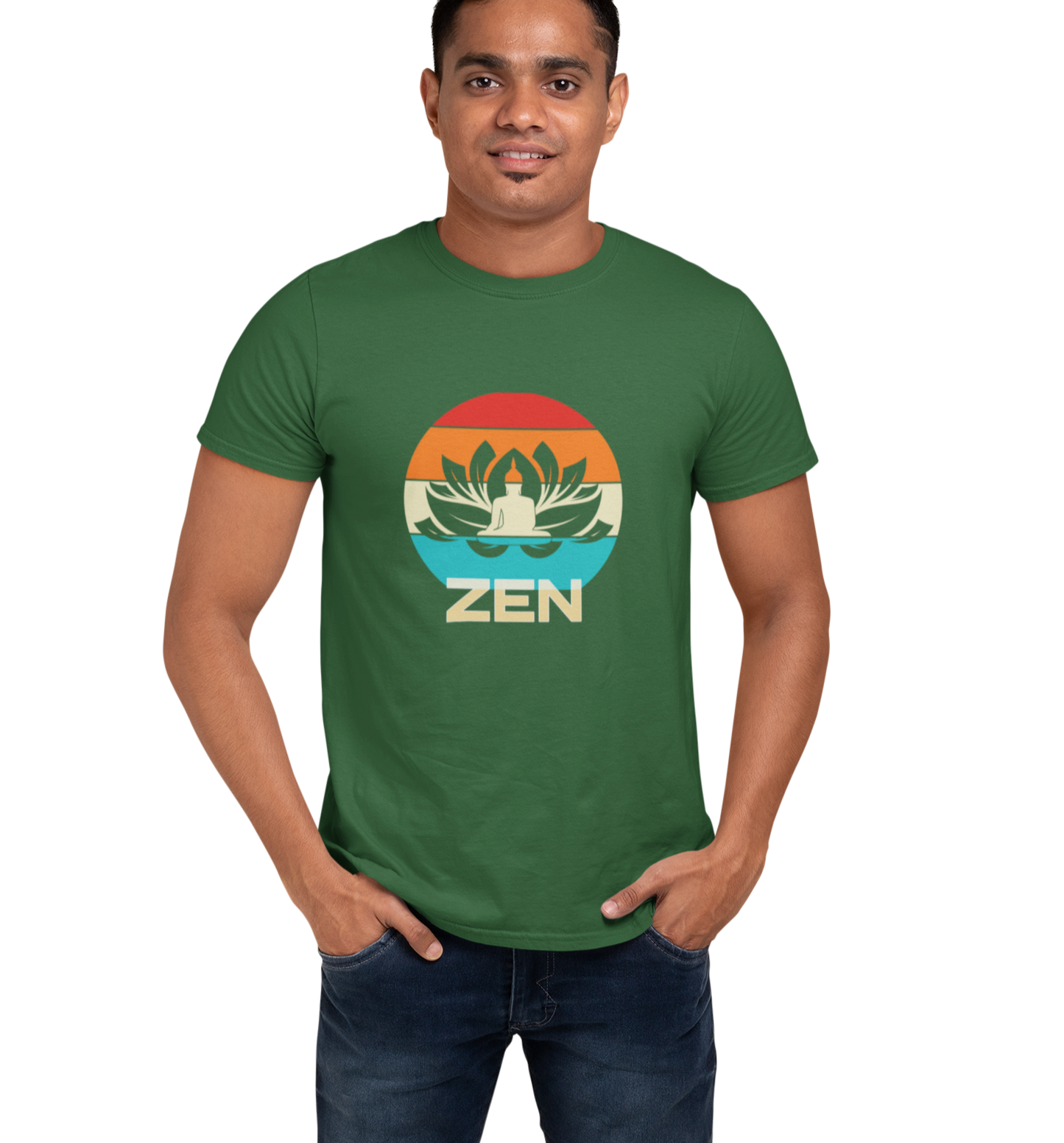 Yoga t-shirt for Men, Bottle Green color. printed with image of Buddha.
