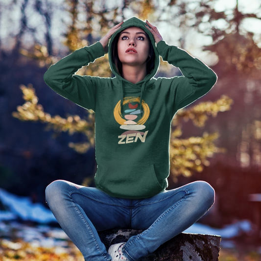 Zen Hoodie Unisex Bottle Green printed with image of Zen Stacked Stones