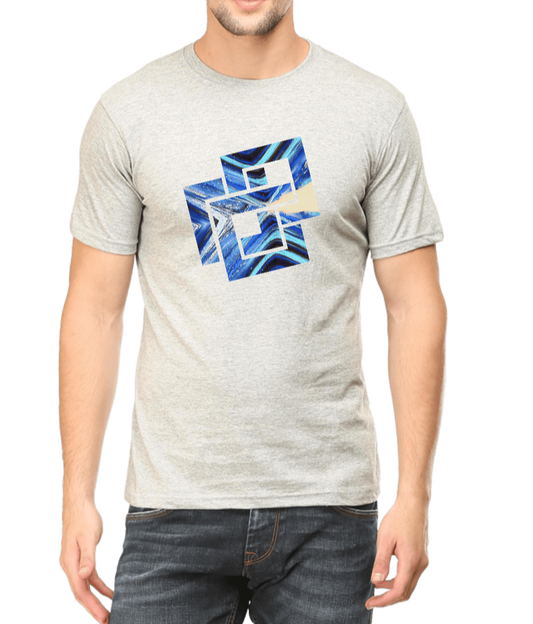 Men's light grey printed T-shirt with blue and black graphic design