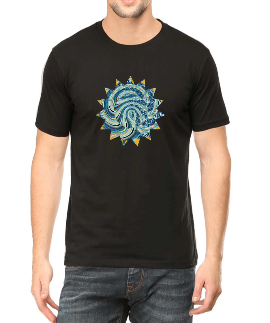 Men's T-shirt royal black printed with blue & grey graphic design