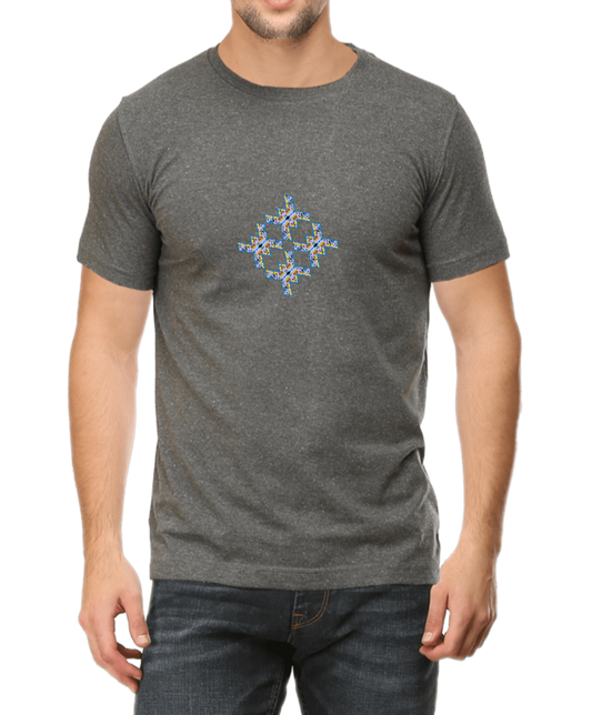 Men's dark grey T-shirt with blue and light yellow graphic design