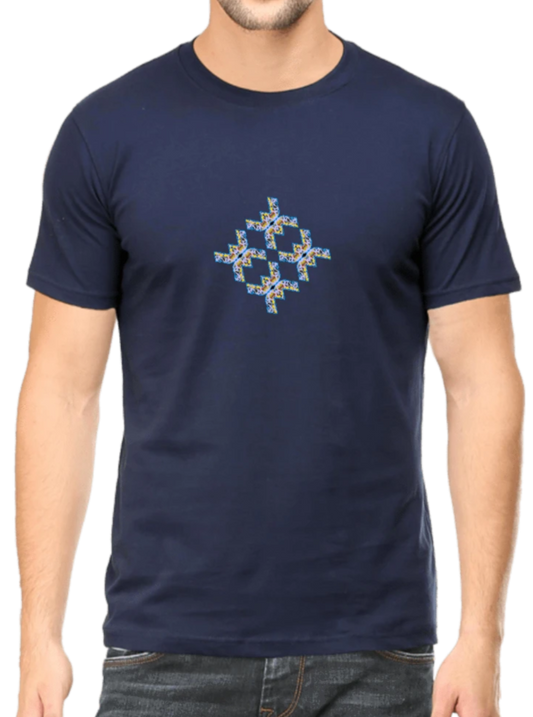 Men's navy blue printed T-shirt with blue and light yellow graphic design