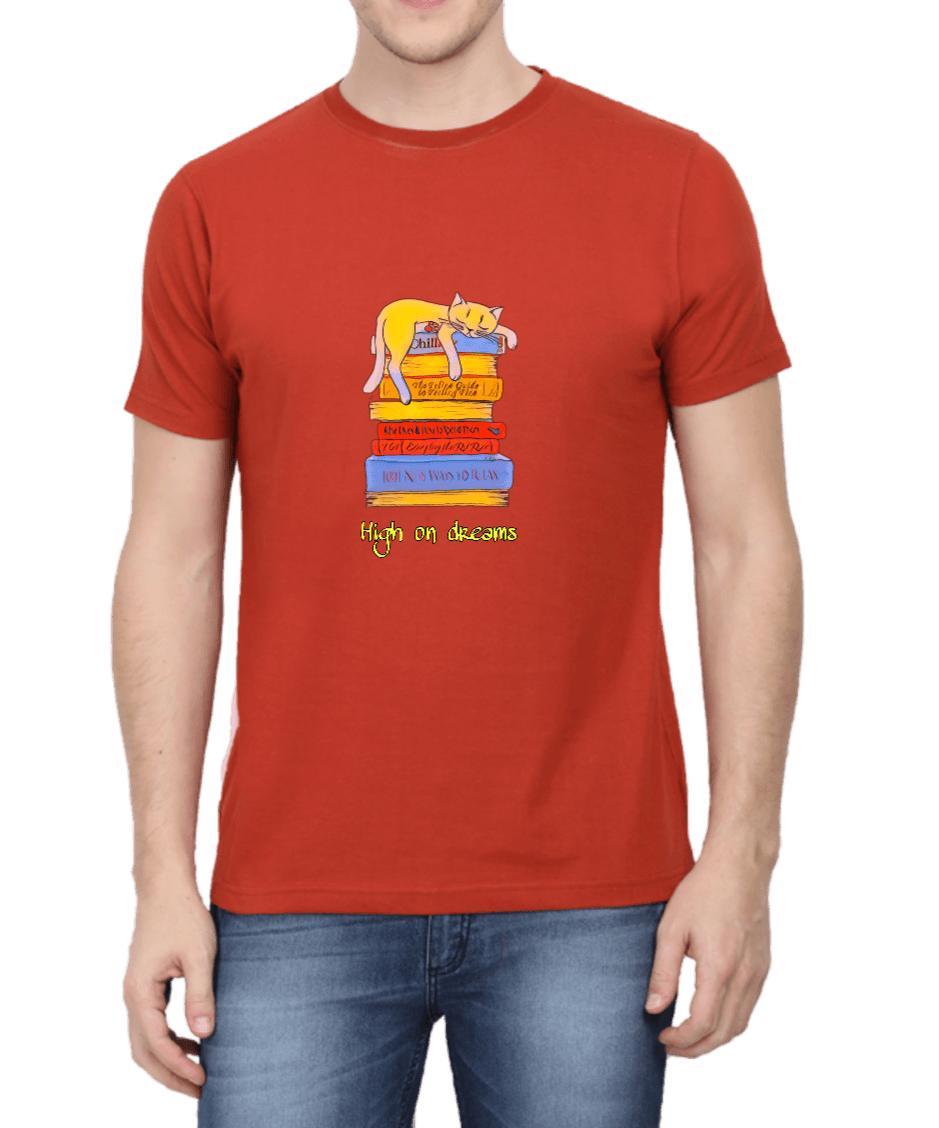 Brick Red T-shirt for Men with Cat Graphics