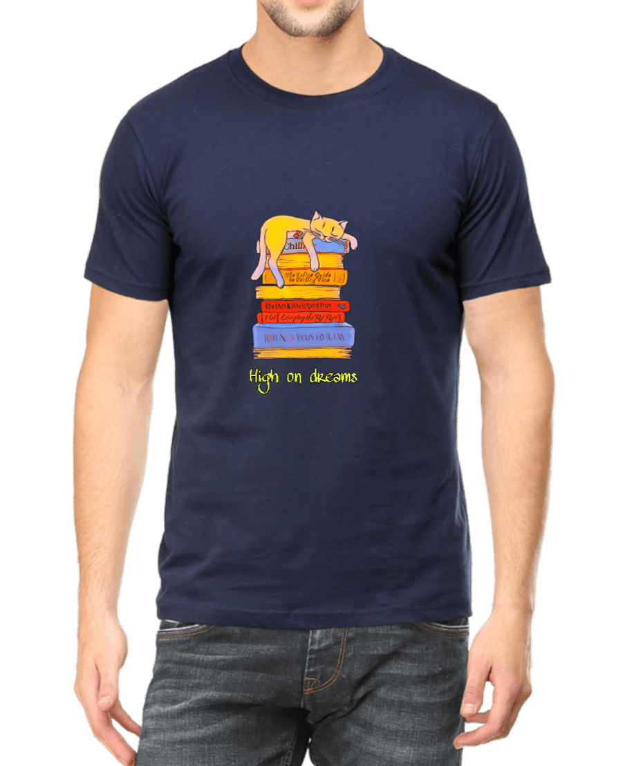 Navy Blue T-shirt for Men with Cat Graphics