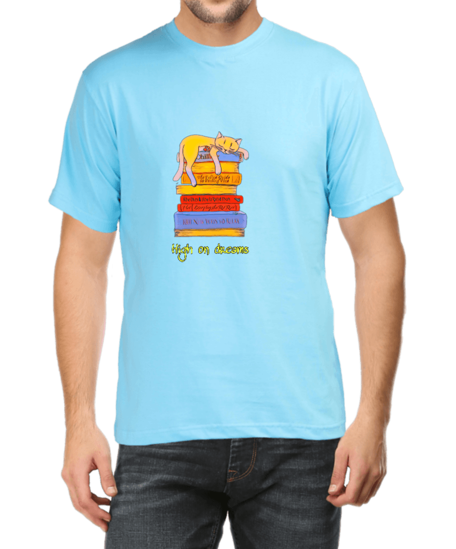 Sky Blue T-shirt for Men with Cat Graphics