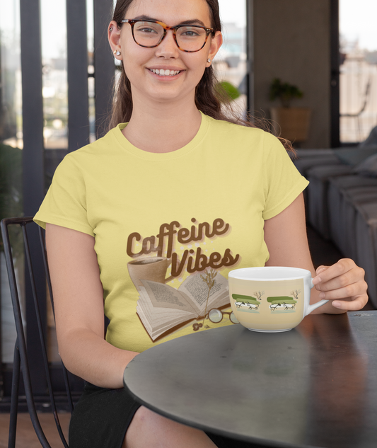 Beige Yellow Tshirt for Women with Coffee & Book graphic design