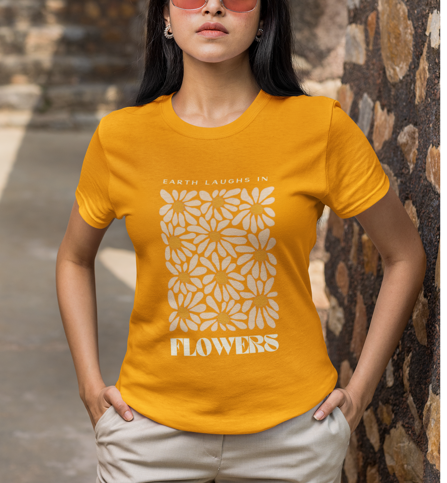 Floral Graphics Golden Yellow T-shirt for Women