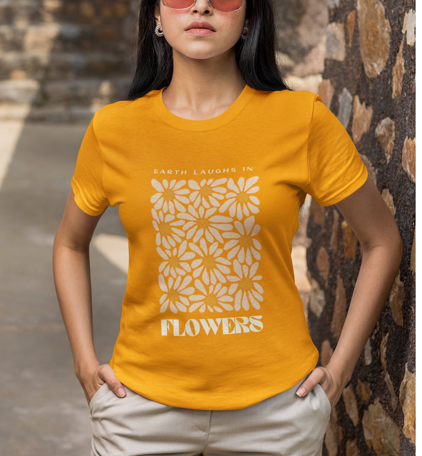 Floral Graphics Golden Yellow T-shirt for Women