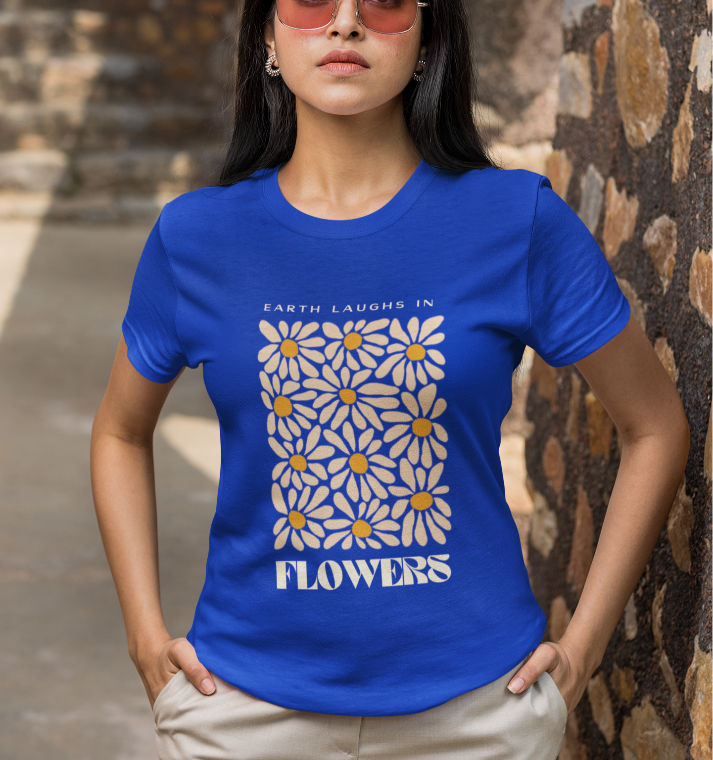 Floral Graphics Royal Blue T-shirt for Women