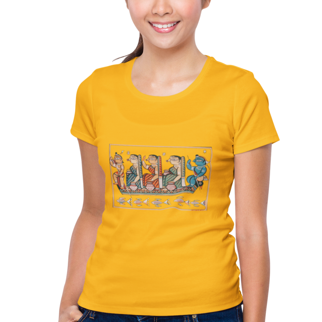 Golden Yellow T-shirt for women with Folk Art of Bengal graphics