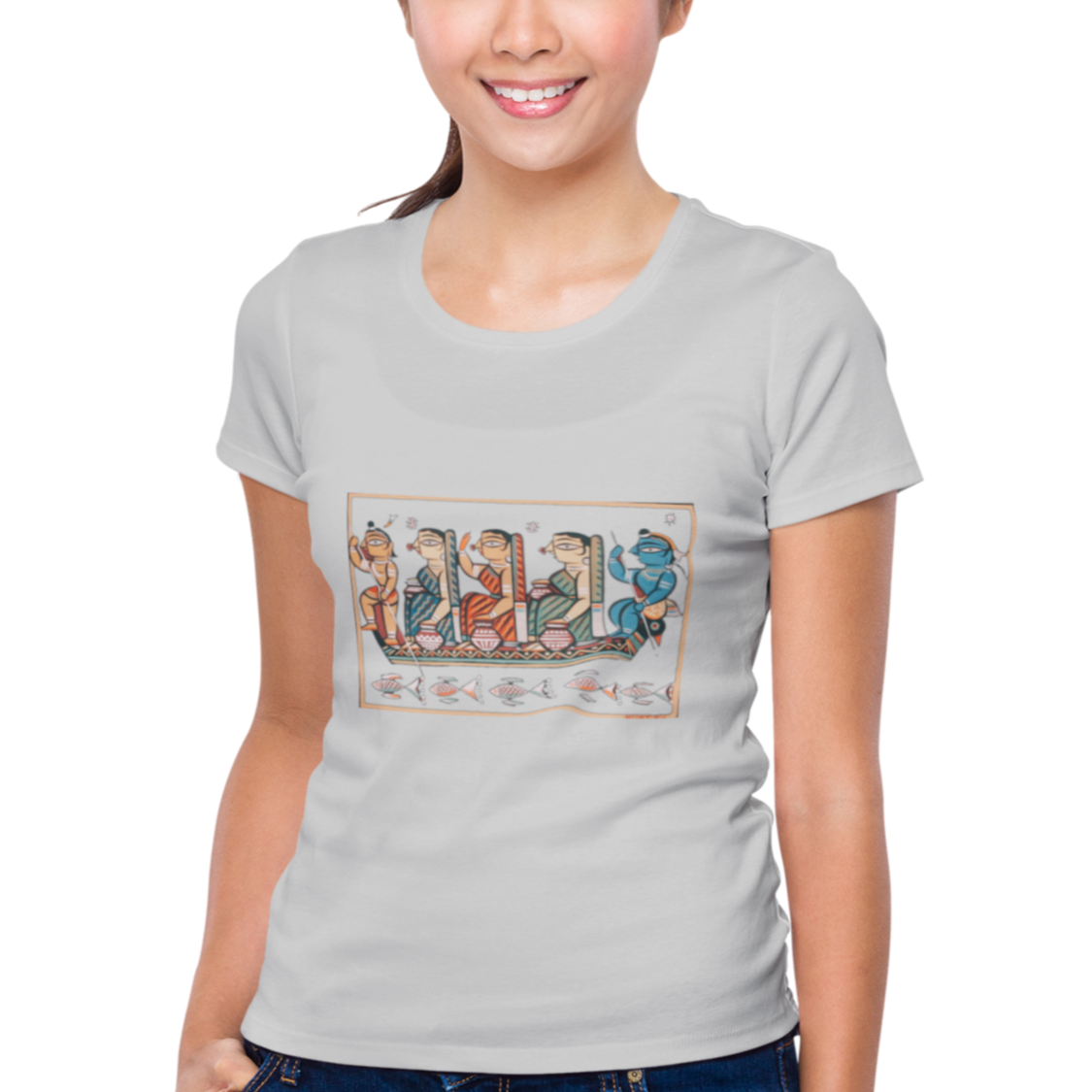 Light Grey T-shirt for women with Folk Art of Bengal graphics