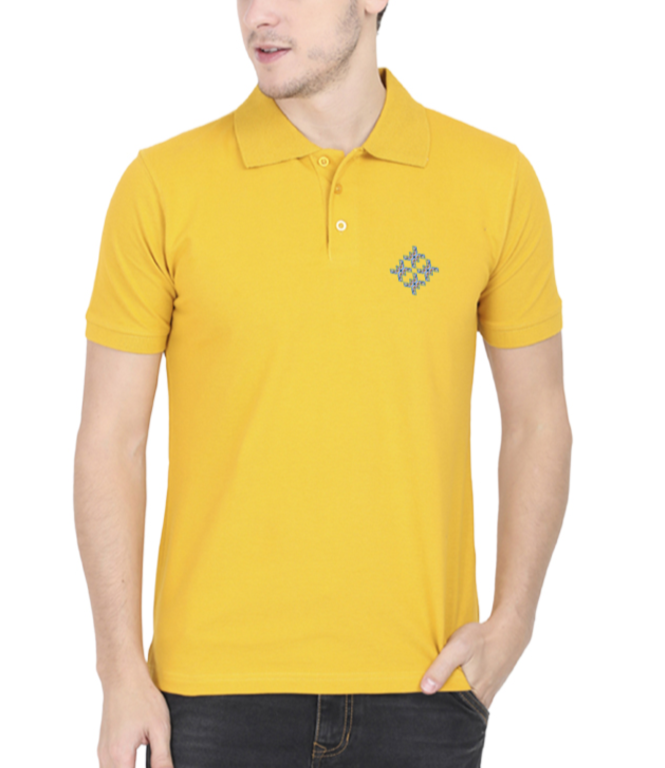 Polo tshirt mustard yellow with graphic design on pocket area