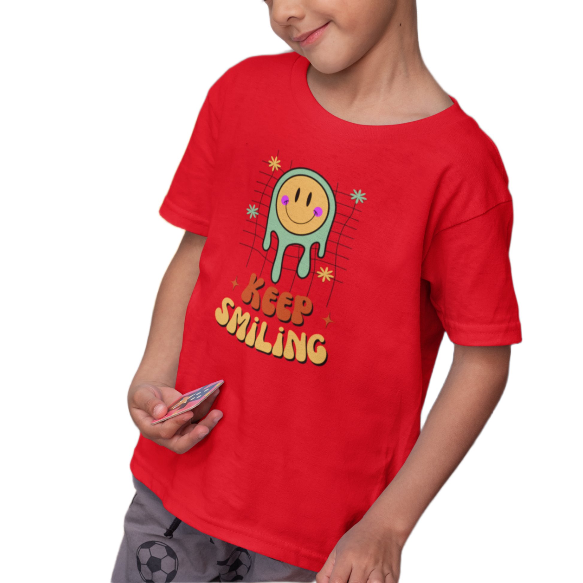 Red tshirt for kids, boys printed with smiley graphics