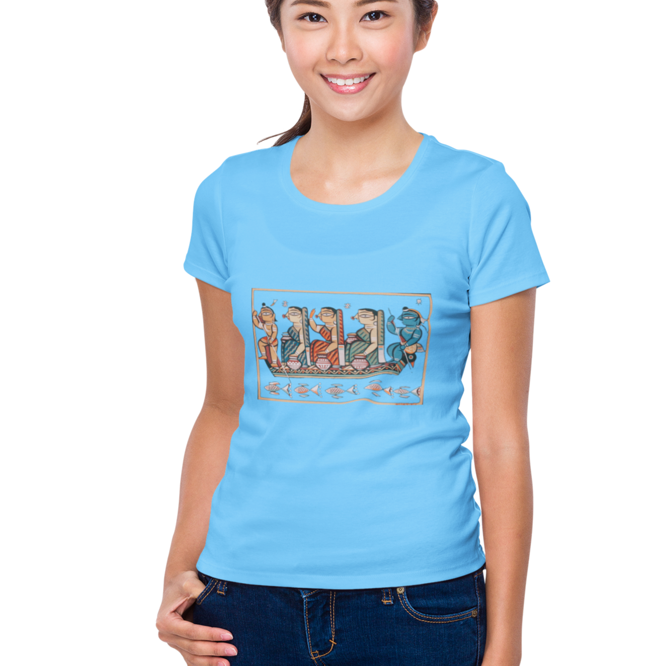 Sky Blue T-shirt for women with Folk Art of Bengal graphics