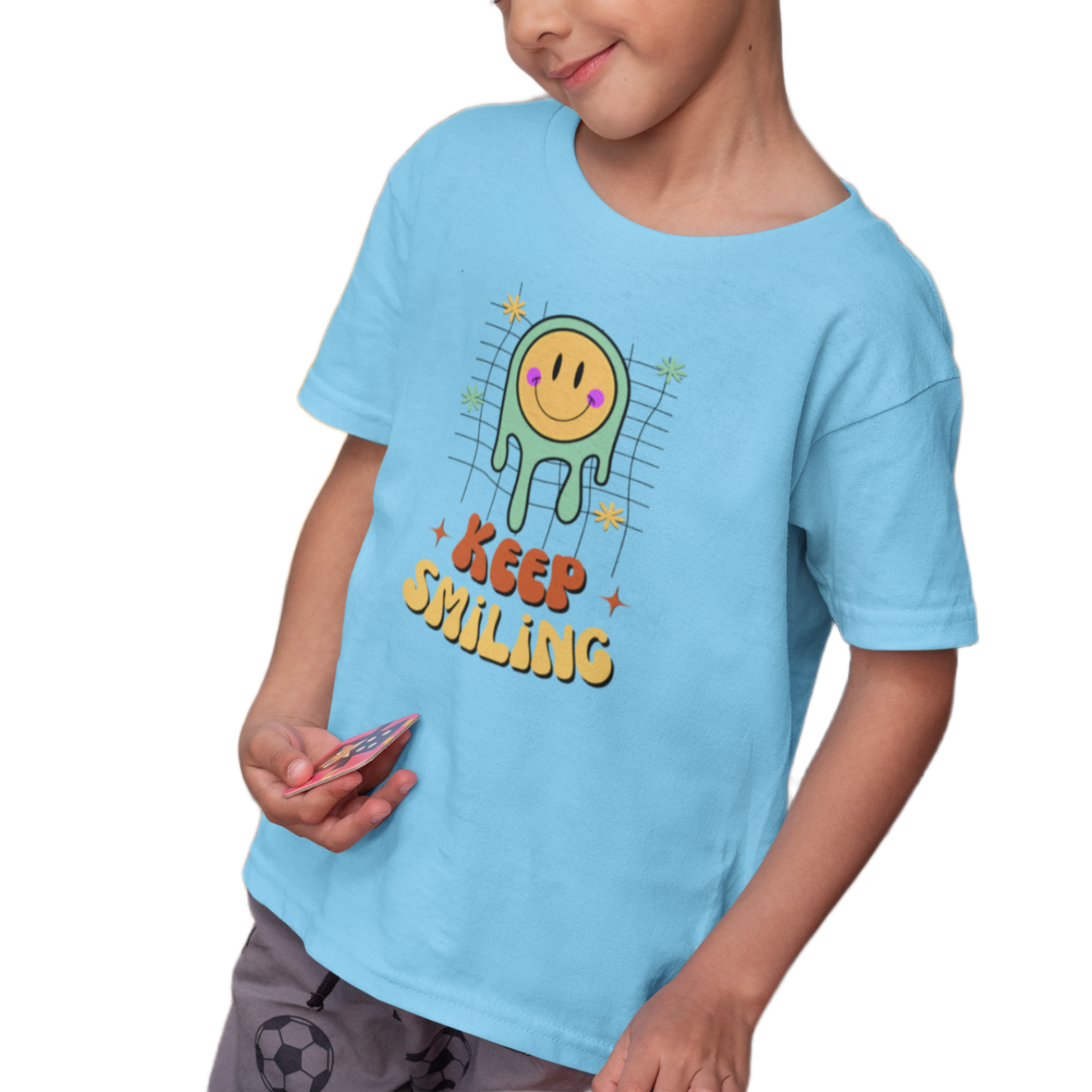 Sky Blue tshirt for kids, boys printed with smiley graphics