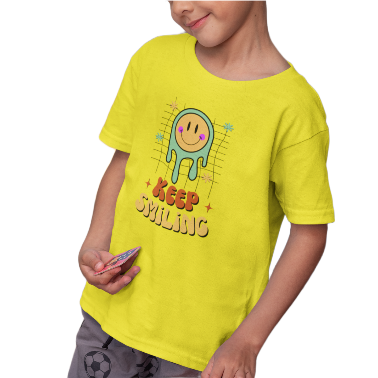 Yellow T-shirt for kids, boys printed with smiley graphics