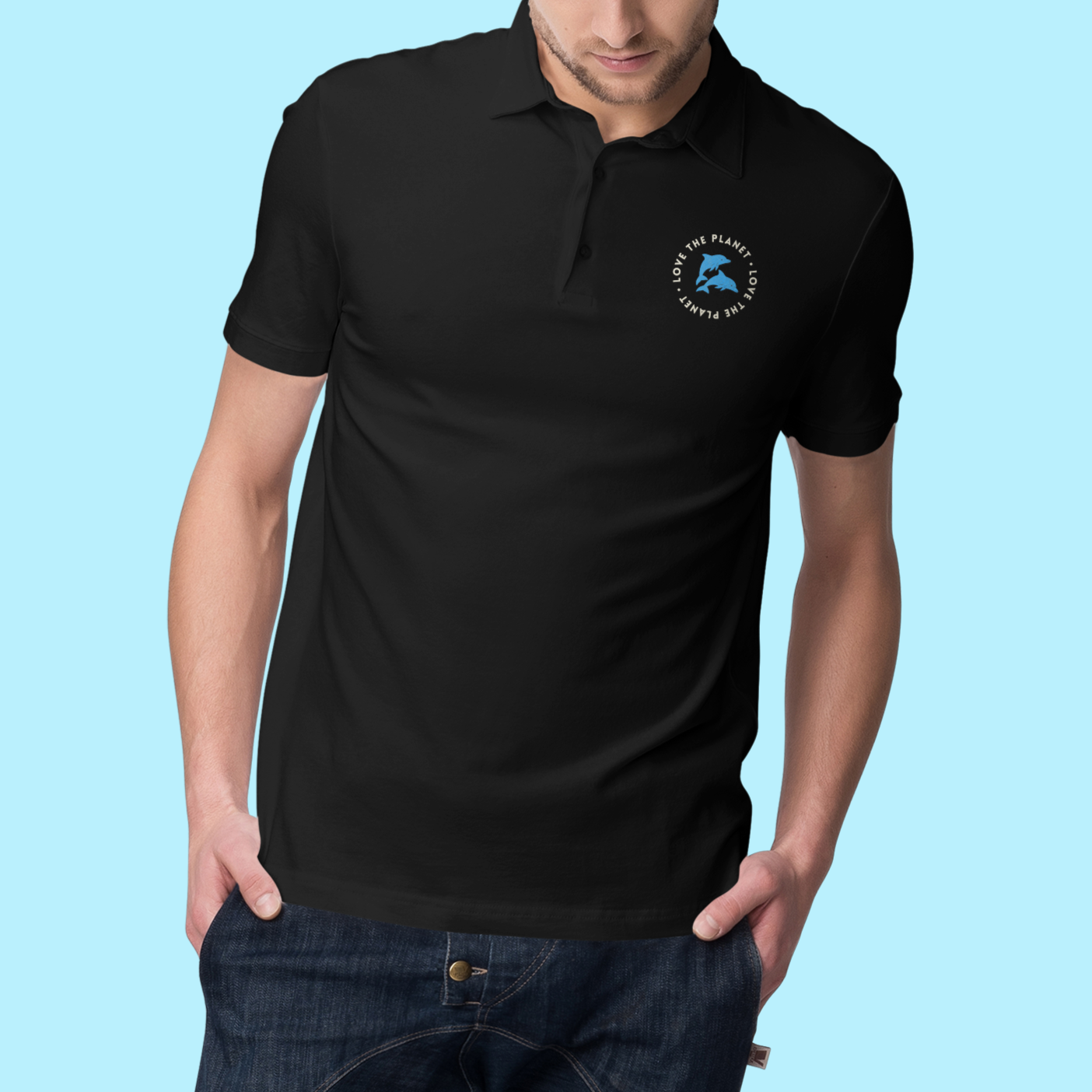 Premium Cotton Polo T-shirt Black with Love The Planet graphics on pocket area