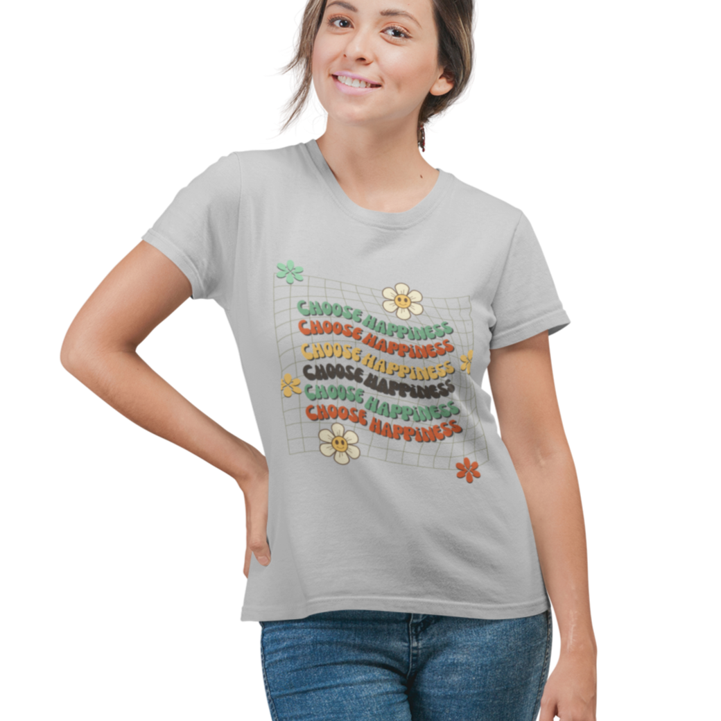 Happiness Round Neck T-shirt for Women Light Grey