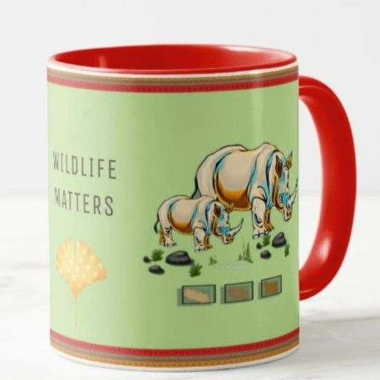 Designer Coffee Mug with Wildlife caption and Rhino design