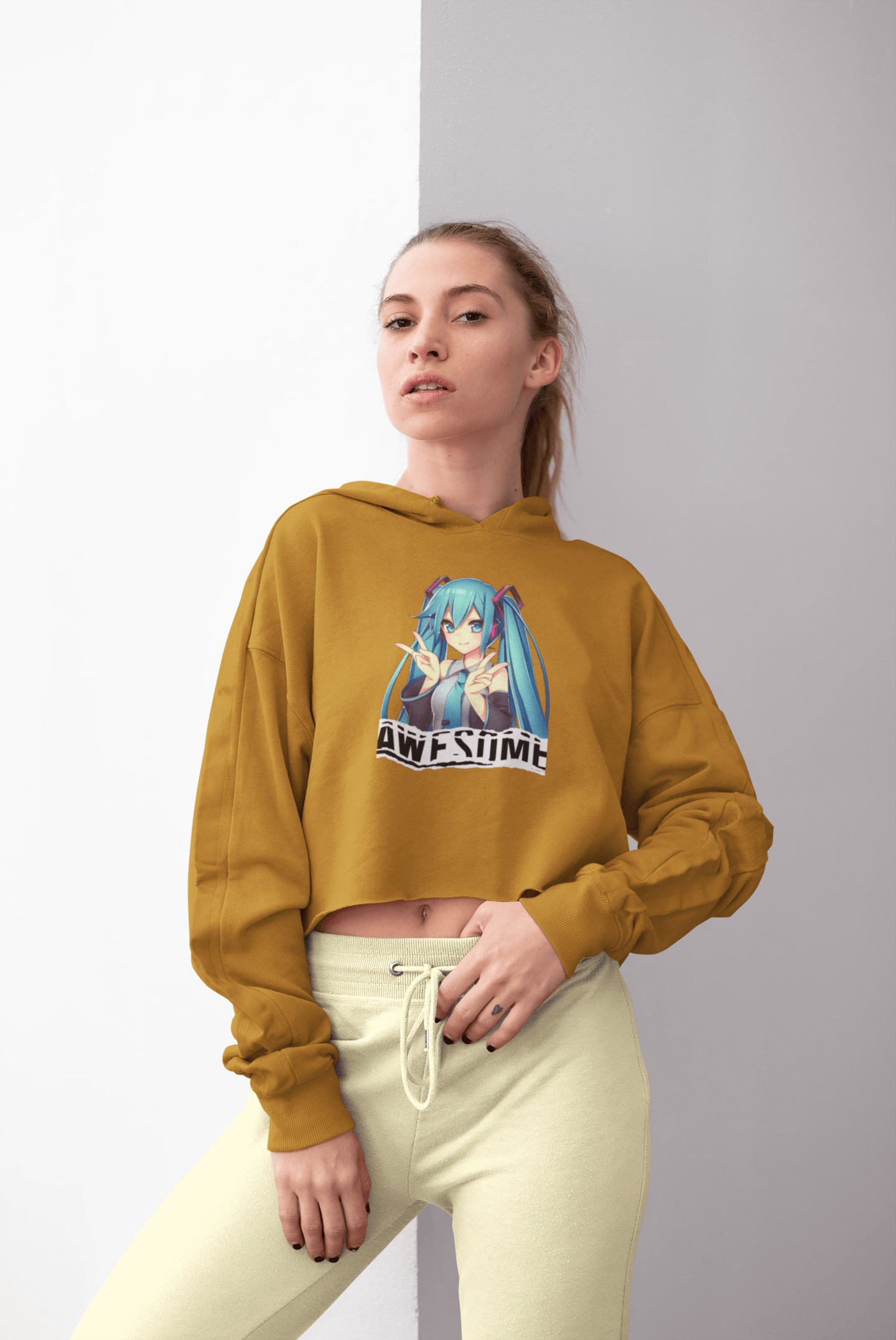 Anime Girl Mustard Yellow Crop Hoodie for Women