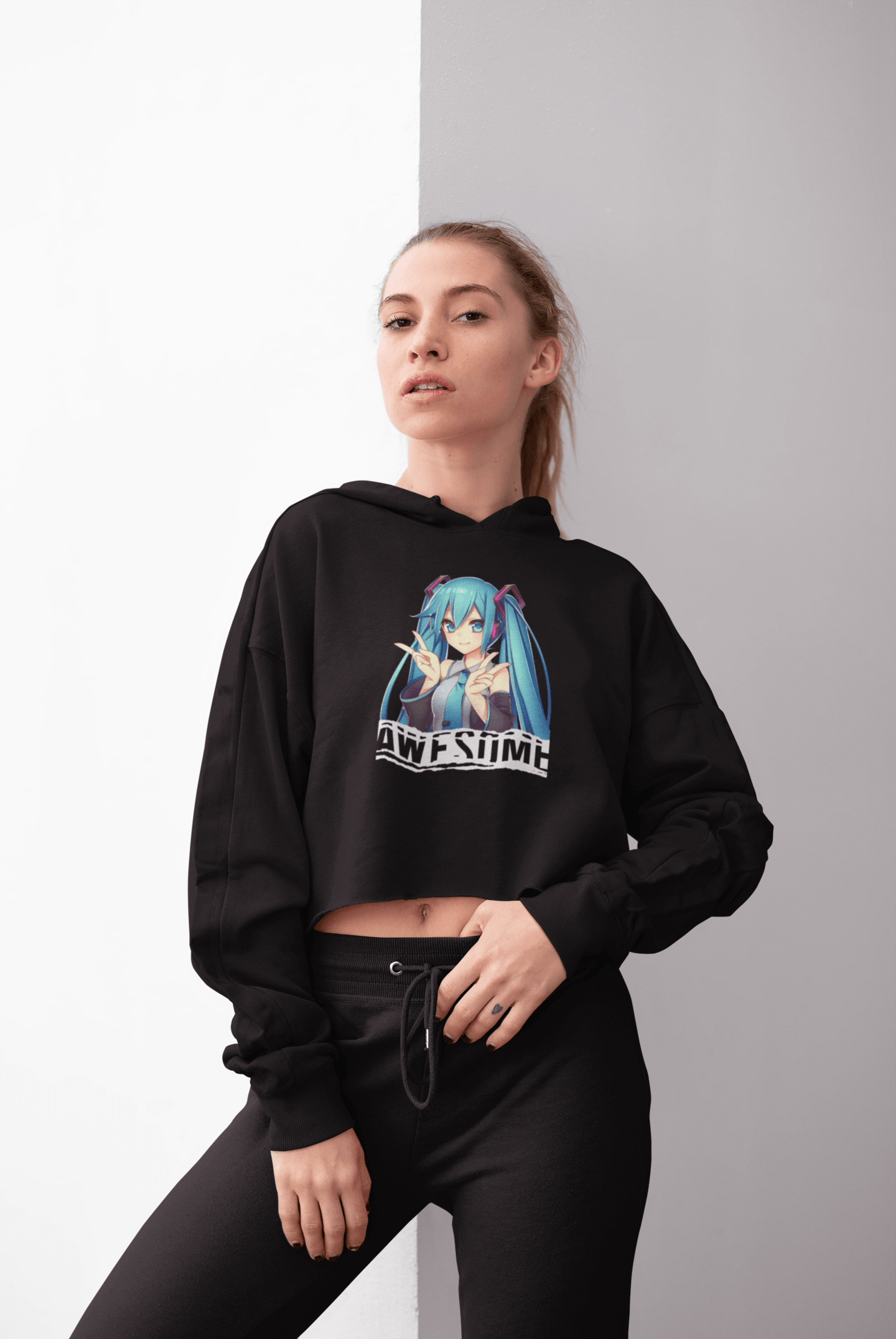 Anime Girl Black Crop Hoodie for Women