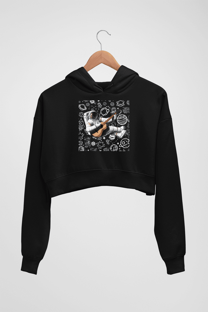 Astronaut Playing Guitar Black Crop Hoodie For Girls