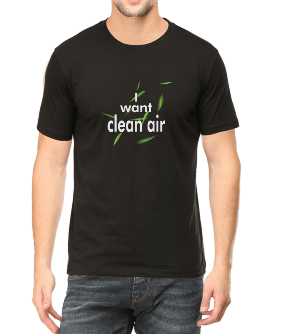 Black Tshirt for Men printed with 'I want clean air' graphics