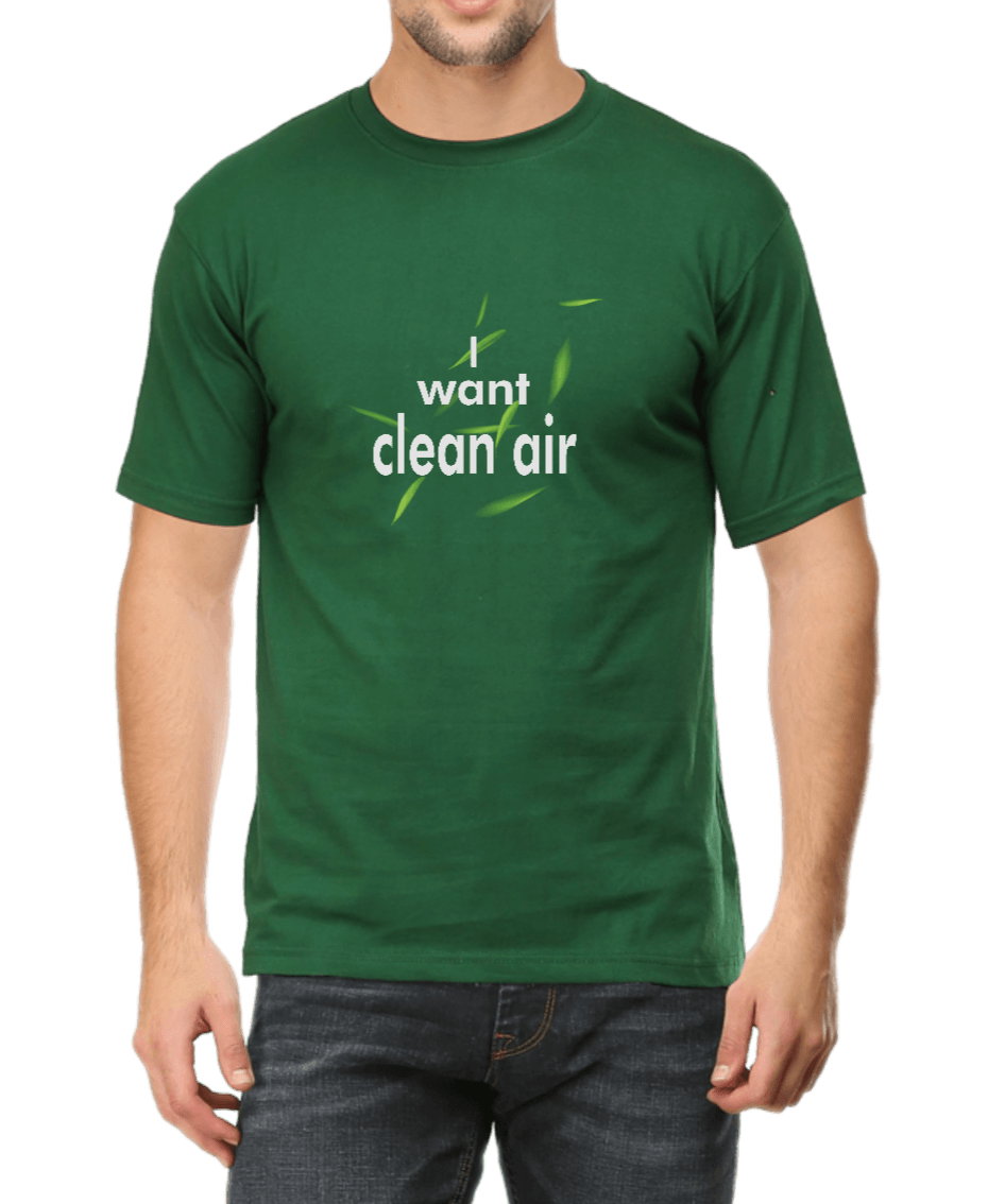 Bottle Green Tshirt for Men printed with 'I want clean air' graphics