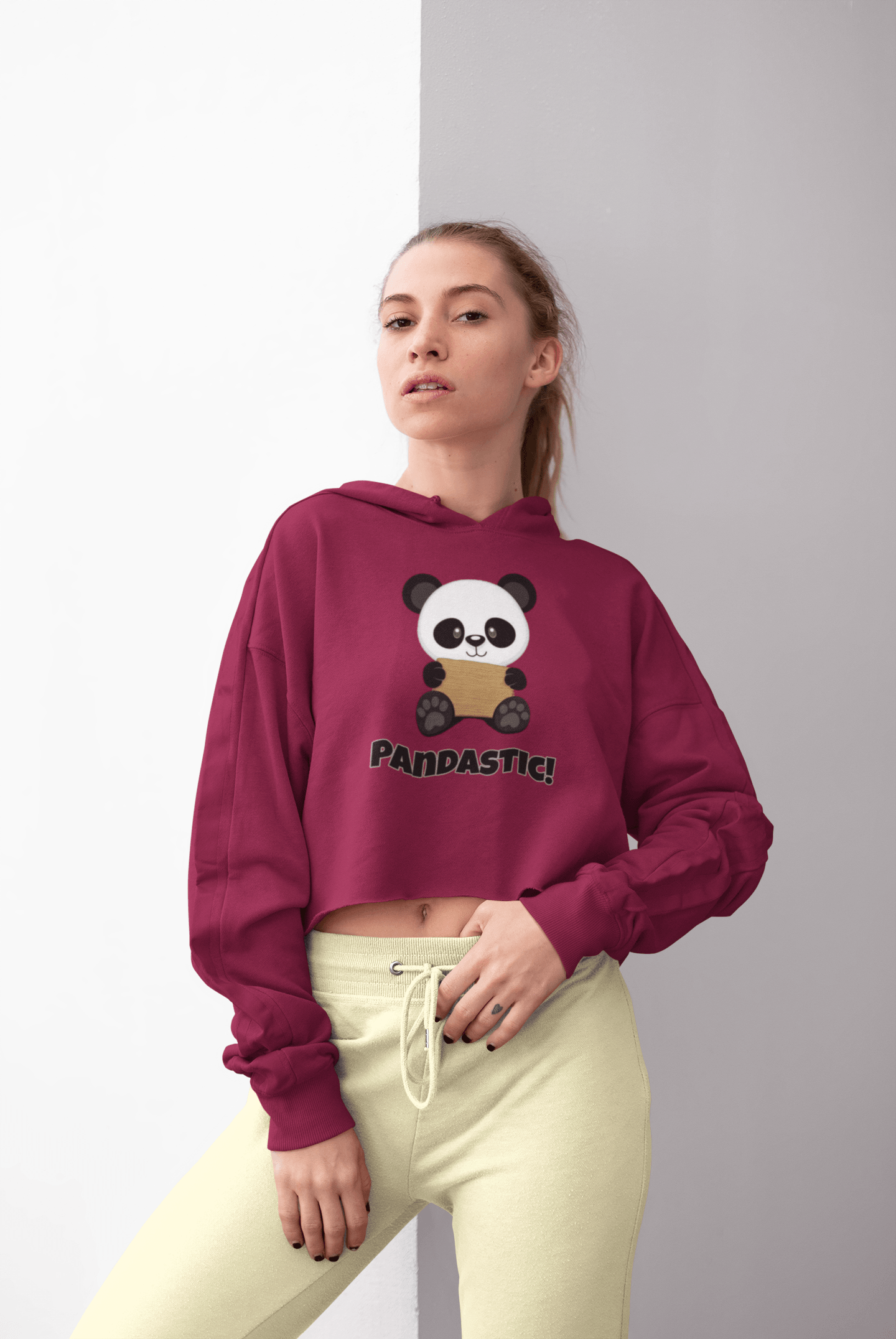 Cute Panda Girl Crop Hoodie Women Maroon