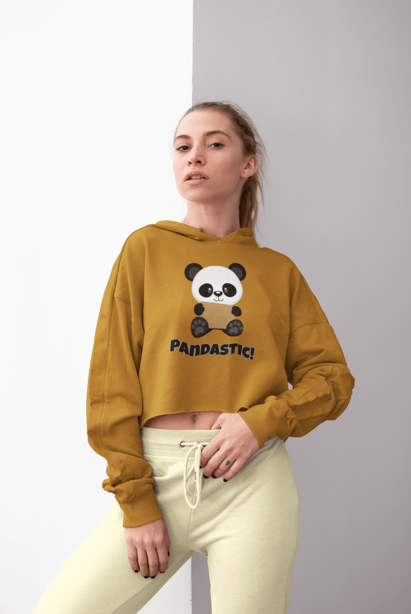 Cute Panda Girl Crop Hoodie Women Mustard Yellow