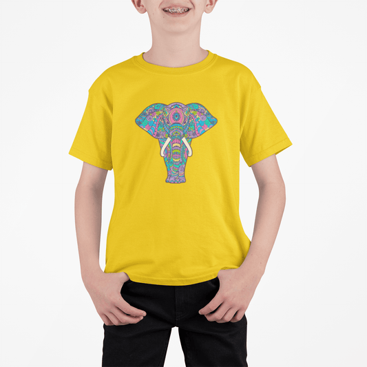 Yellow tshirt for boys printed with royal elephant graphic design